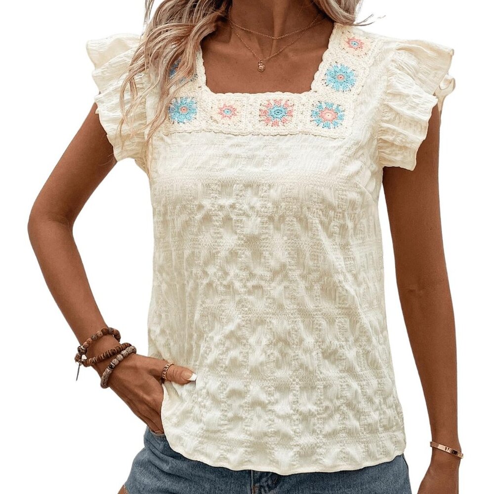 XL Floral Embroidery Square Sleeve Blouse